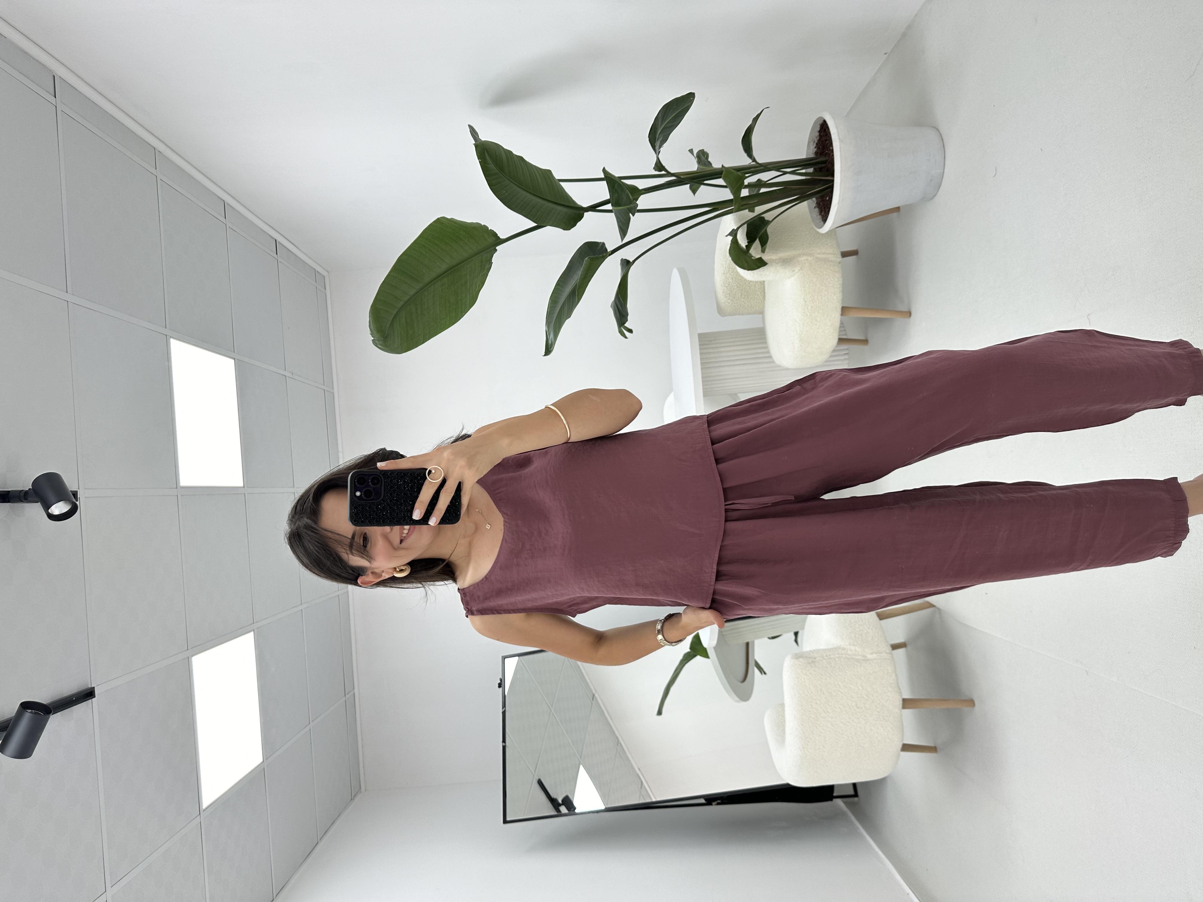 Beli Bağlamalı Mürdüm Bluz Pantolon Takım