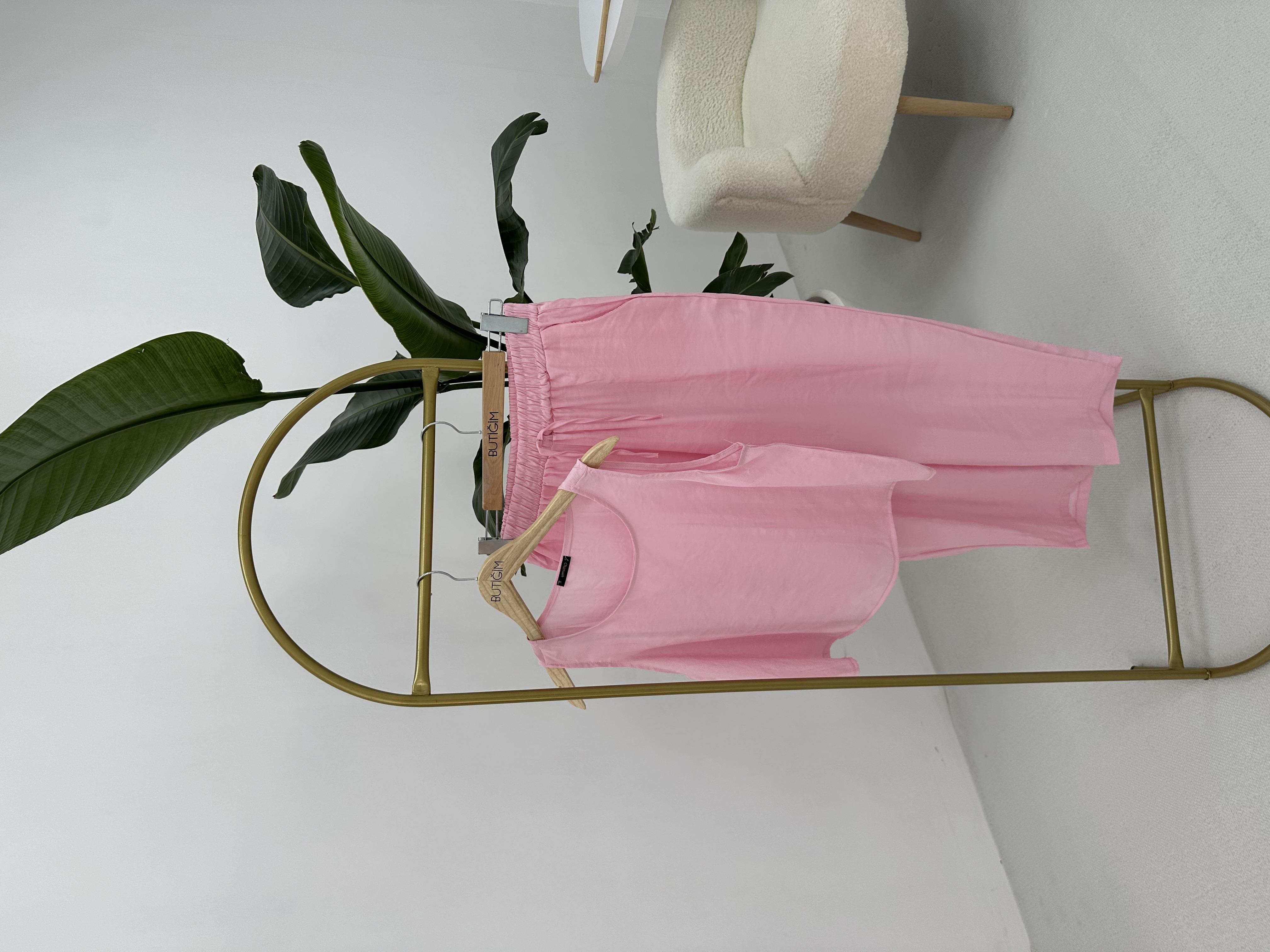 Beli Bağlamalı Pembe Bluz Pantolon Takım
