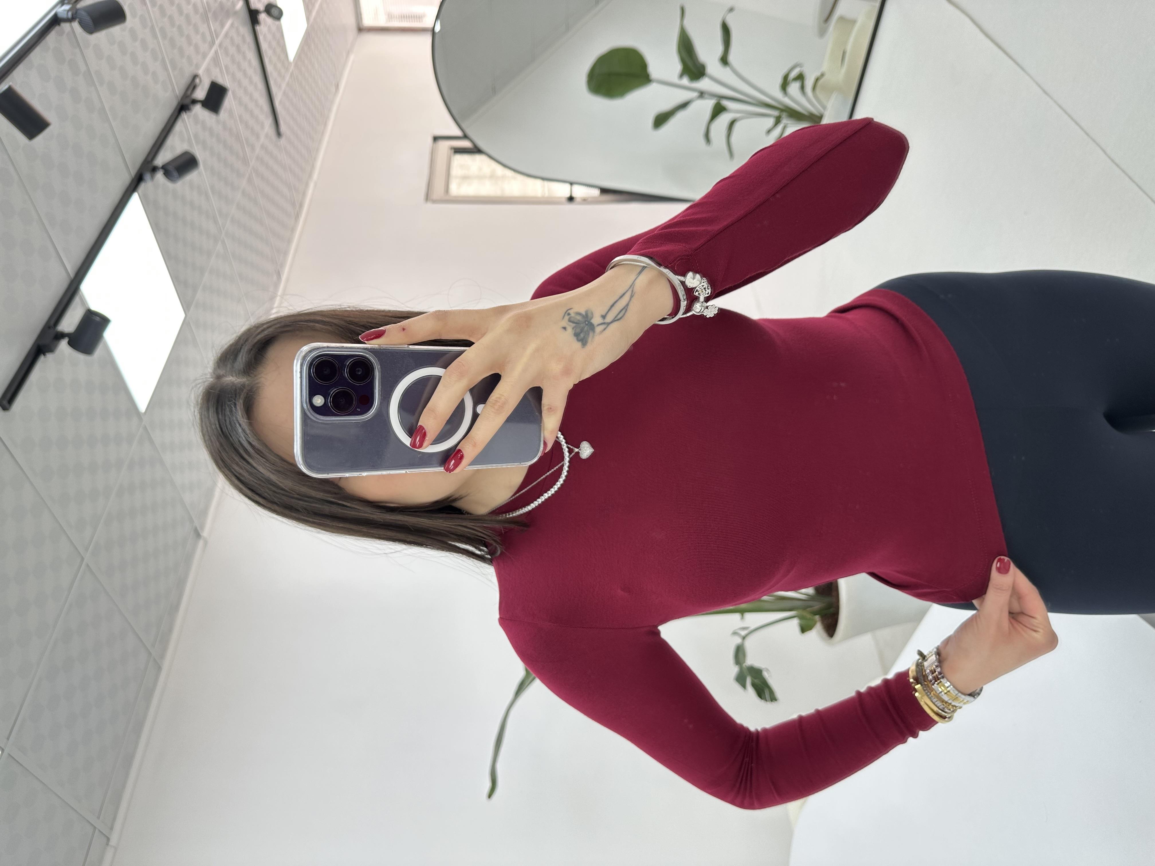 Bisiklet Yaka Uzun Kol Bordo Bluz