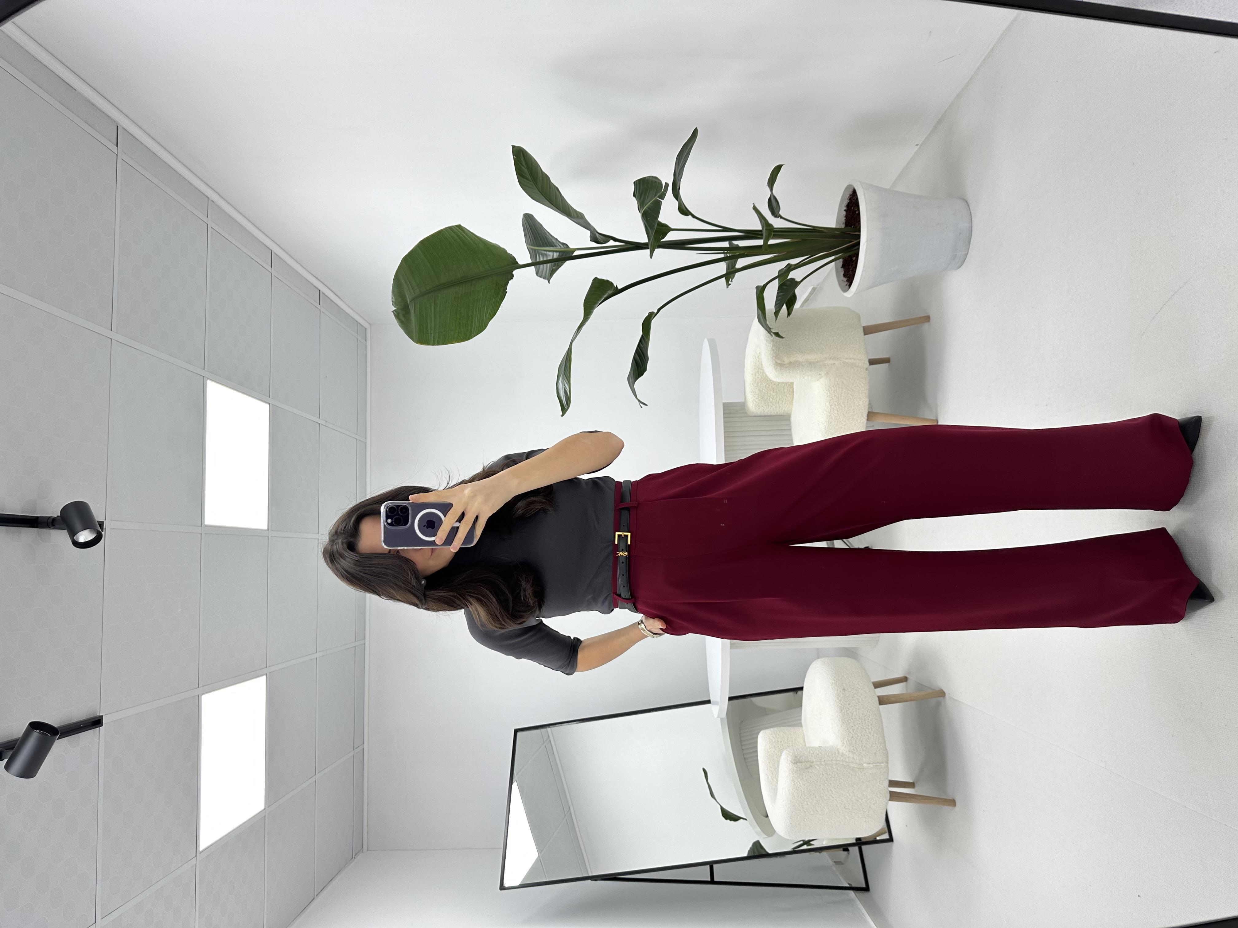 Double Kumaş Yüksek Bel Bordo Palazzo 