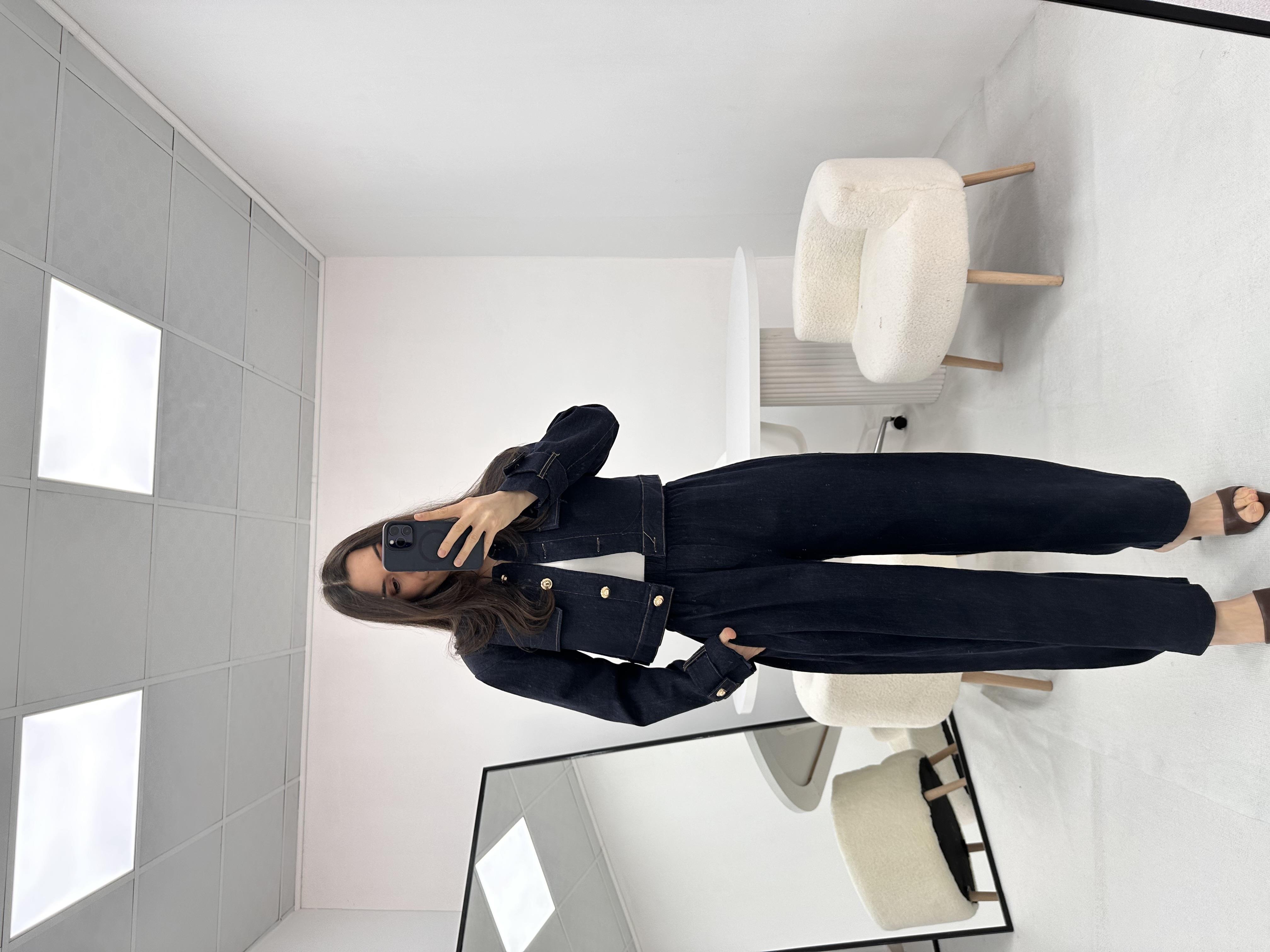 Düğme Detaylı Lacivert Kot Denim Ceket Pantolon Takım  