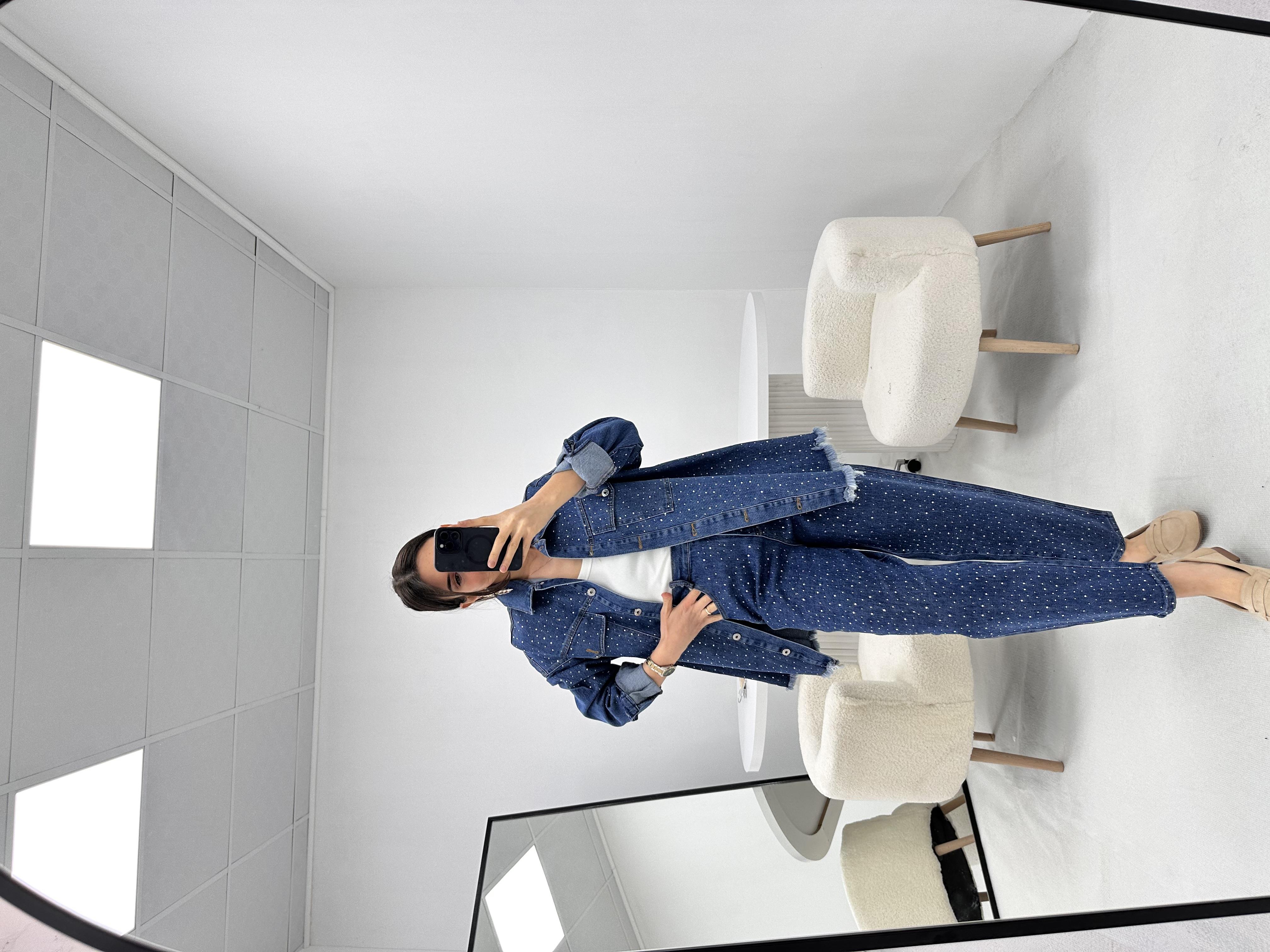 Full Taş Detaylı Denim Kot Mavi Takım 