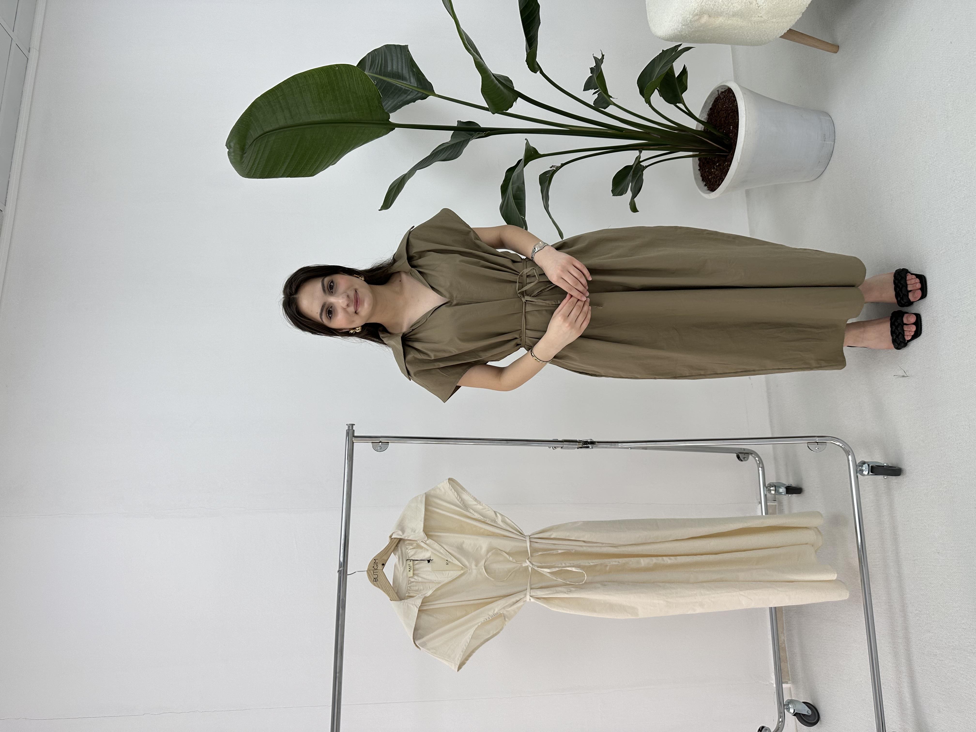 Haki Geniş Yaka Oversize Elbise 
