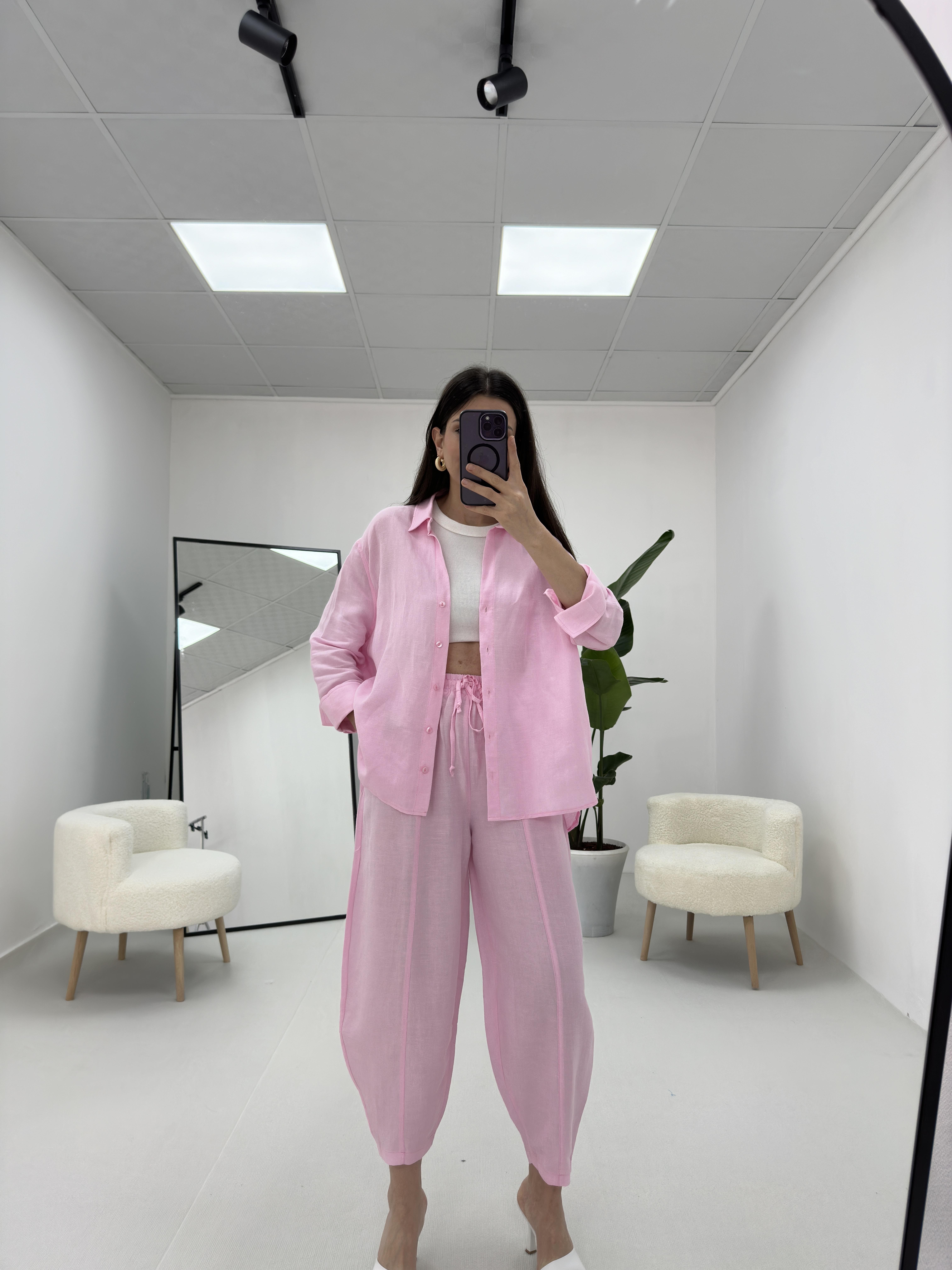 Keten Şalvar Takım Pembe 