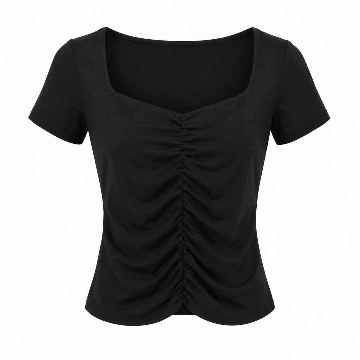 Önden Büzgü Detaylı Siyah T-shirt 