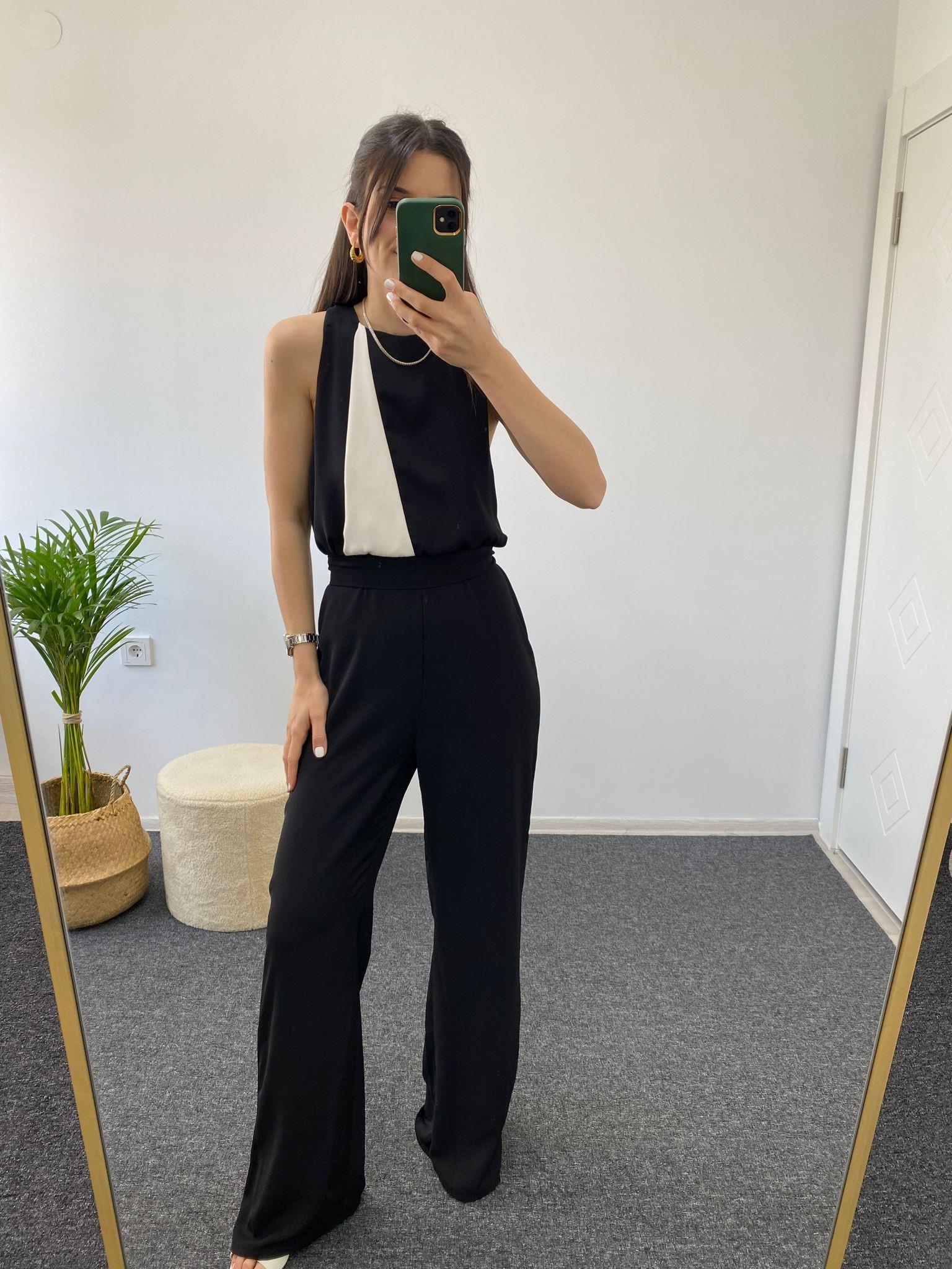 SİYAH BEYAZ HALTER YAKA TULUM