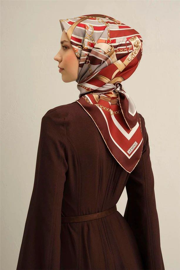 Armine Bordo Gri Zincir Kemer Desen Saf İpek Tivil Dokuma Eşarp-E25YA9315D02-31-KVS0664