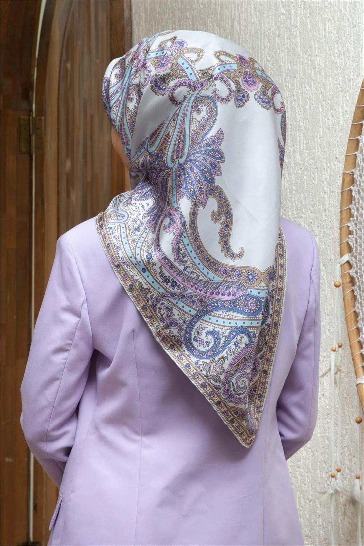 Vissona İpek Gümüş Etnik Desen Saf İpek Tivil Dokuma Eşarp-60777-13-KVS0797