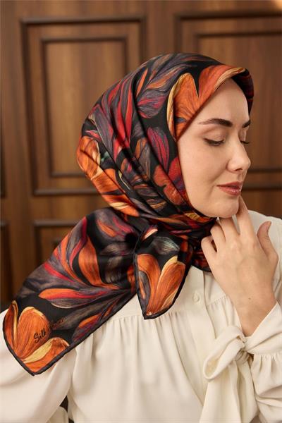 Silk Home Siyah Turuncu Çiçek Desen Tivil Dokuma Saf İpek Eşarp-11493-13-KVS0914