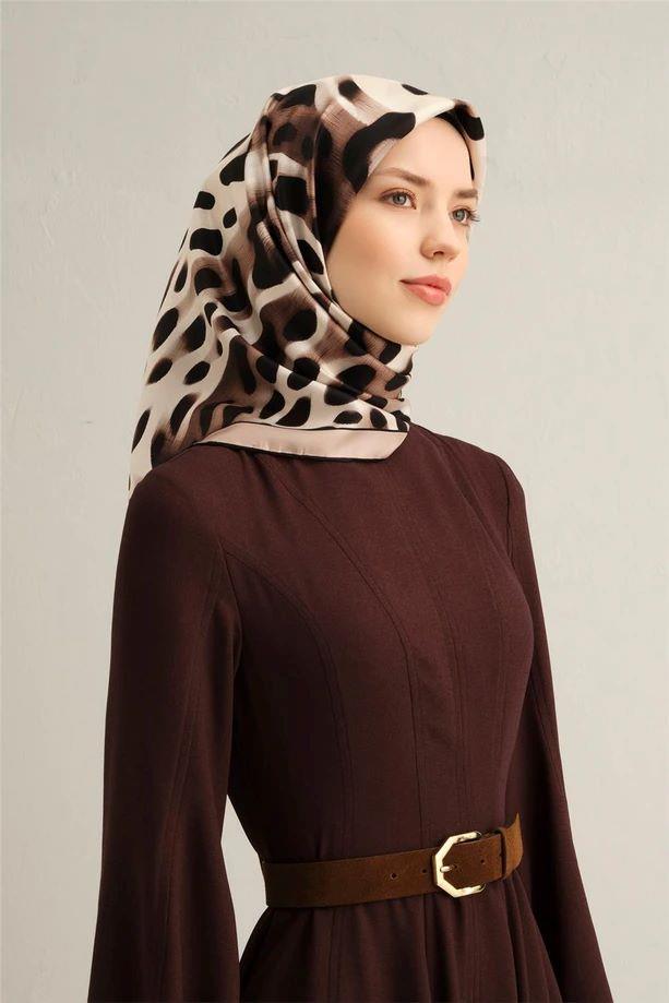 Armine Siyah Kahve Leopar Desen Saf İpek Tivil Dokuma Eşarp-E25YA9320D02-04-KVS0675