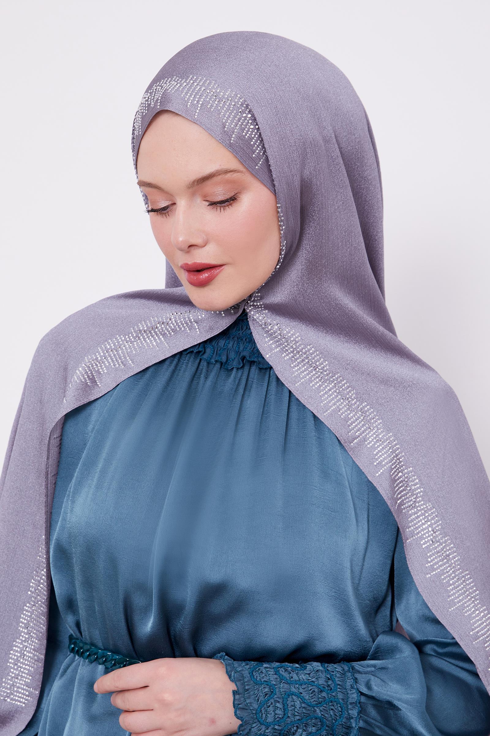 LeviDor Diamond Gri Şeritli Gümüş Beyaz Taş Baskılı Şal-24LV1004-KVS0627