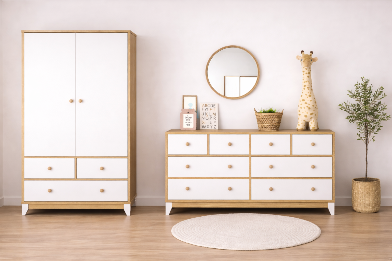  %100 MDF Bonnie Ahşap Beyaz 2 Kapılı Dolap & %100 MDF Bonnie Ahşap Beyaz 8 Çekmeceli Şİfonyer