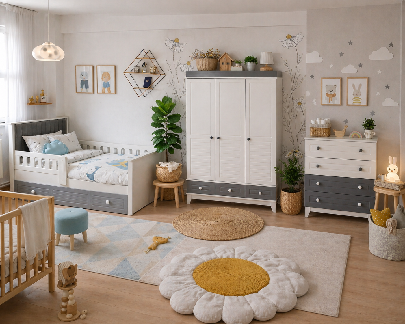 %100 MDF STELLA GRİ MAXI KAPİTONELİ BEBEK ODASI TAKIMI