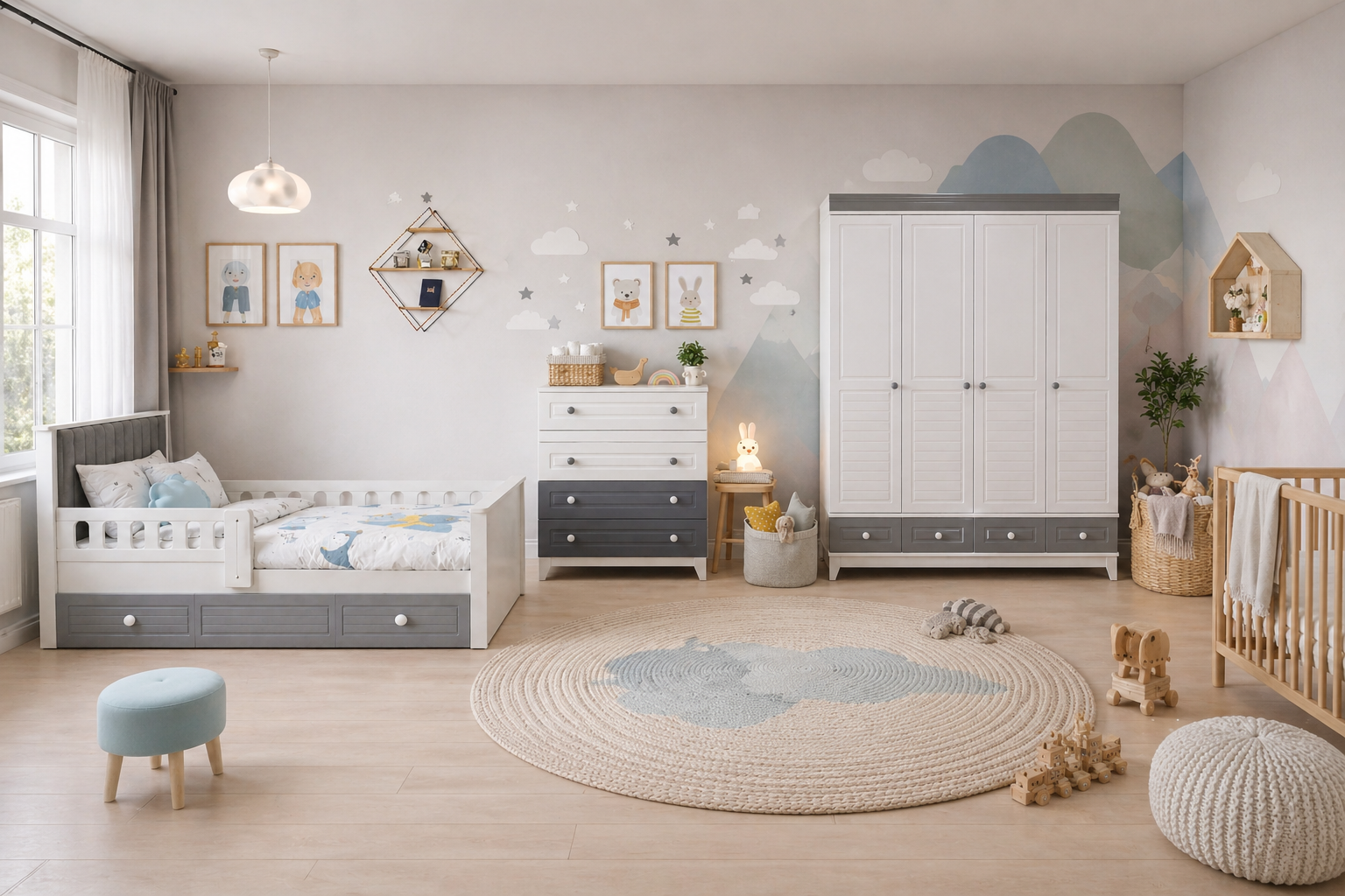  %100 MDF Stella Gri Mega Takım 4 Kapılı Dolap & 90x190 Kapitoneli Yavrulu Karyola & Şİfonyer