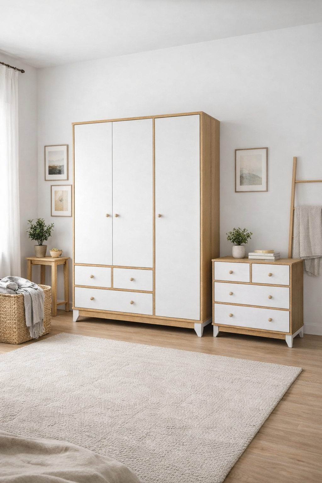 %100 Bonnie Ahşap Beyaz 3 Kapılı Gardırop & Bonnie Ahşap Beyaz 4 Çekmeceli Şifonyer