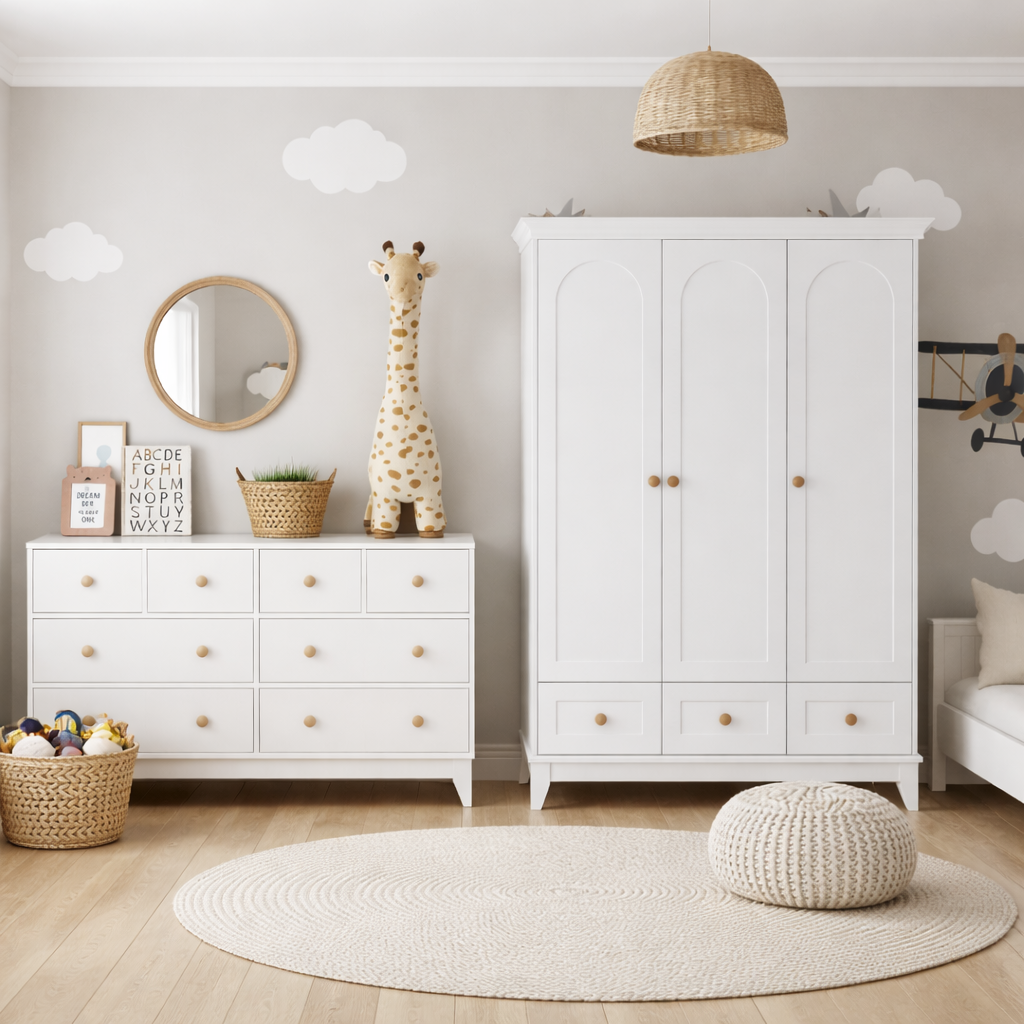 %100 MDF Düz Desen 3 Kapılı Bebek & Çocuk Gardırop && Bonnie %100 MDF 8 Çekmeceli Şifonyer