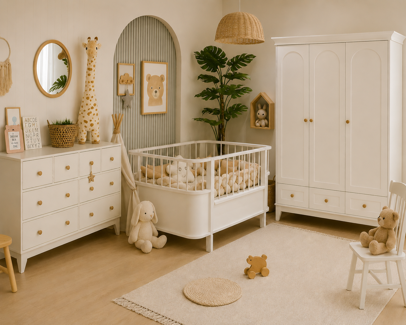%100 MDF Oslo Düz Kapak Bebek Odası Takımı (3 Kapılı Dolap & Bonnie Şifonyer & 80x130 Büyüyen Beşik)
