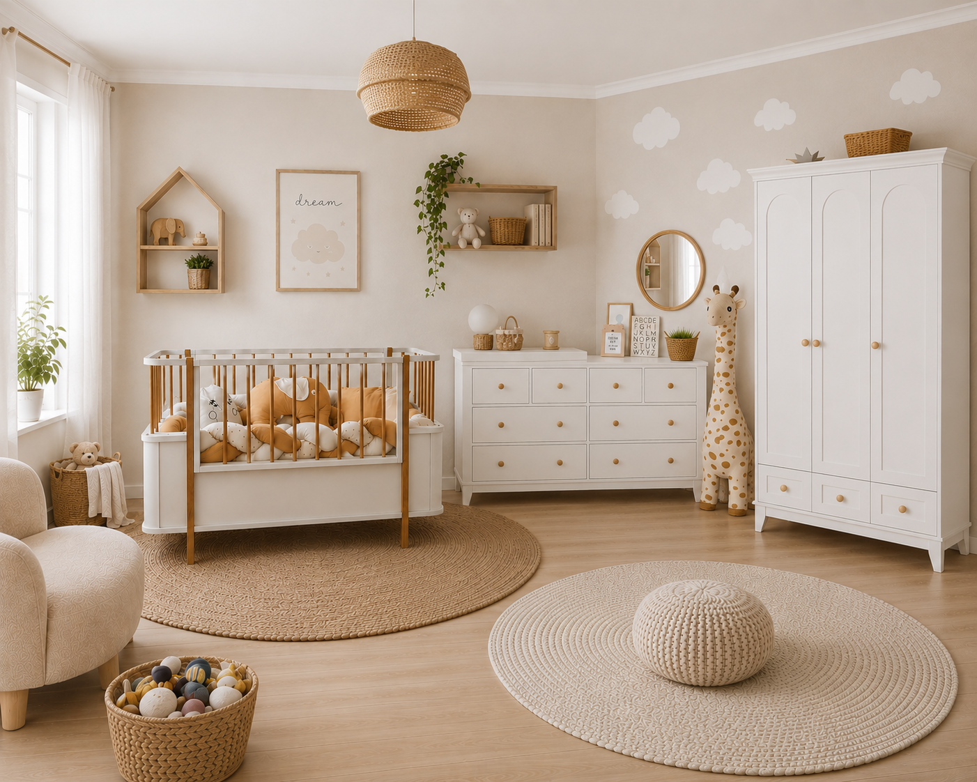 %100 MDF Oslo Maxi Ahşap Beyaz Bebek Odası Takımı (3 Kapılı Dolap & Bonnie Şifonyer & Büyüyen Beşik)