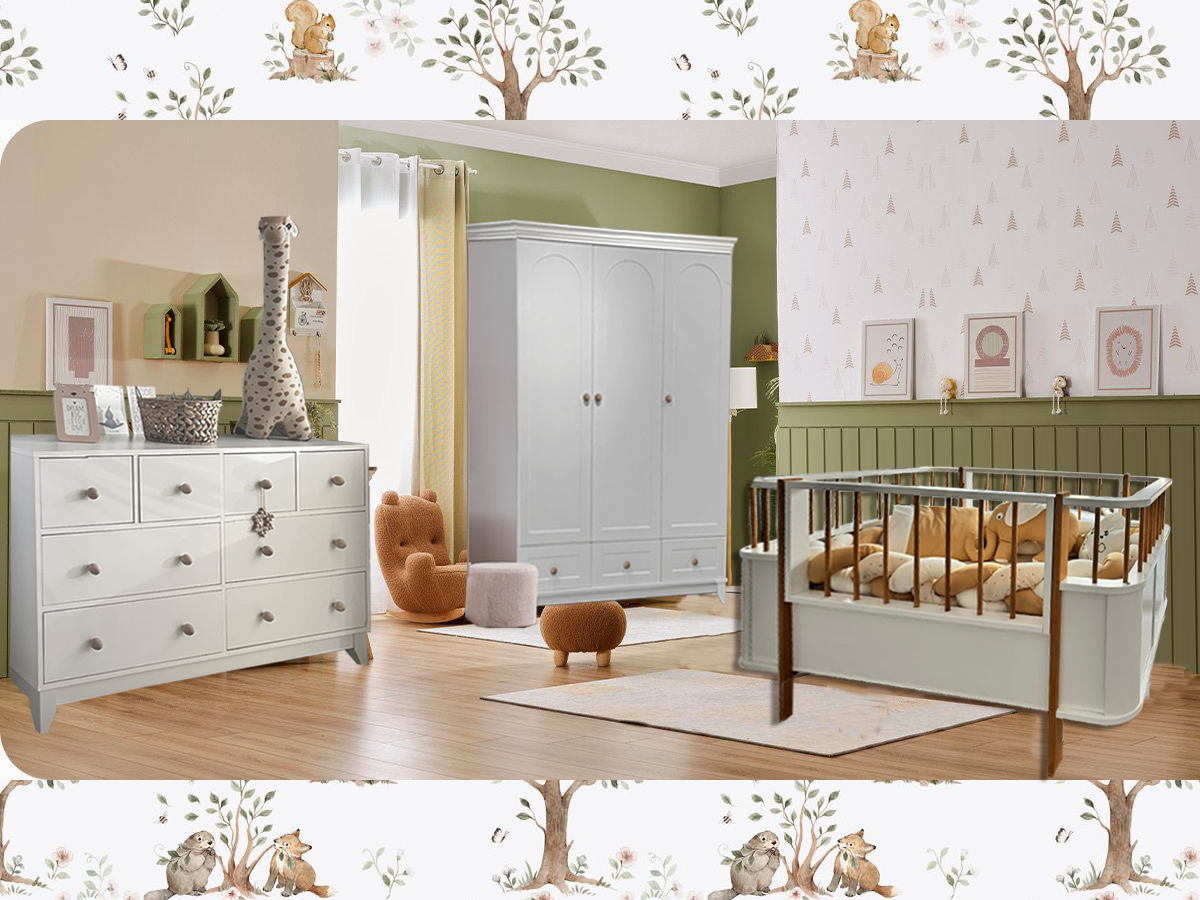 %100 MDF Oslo Maxi Ahşap Beyaz Bebek Odası Takımı (3 Kapılı Dolap & Bonnie Şifonyer & Büyüyen Beşik)