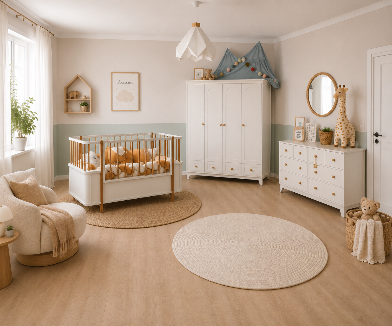 %100 MDF Oslo Mega Ahşap Beyaz Bebek Odası Takımı (4 Kapılı Dolap & Bonnie Şifonyer & Büyüyen Beşik)