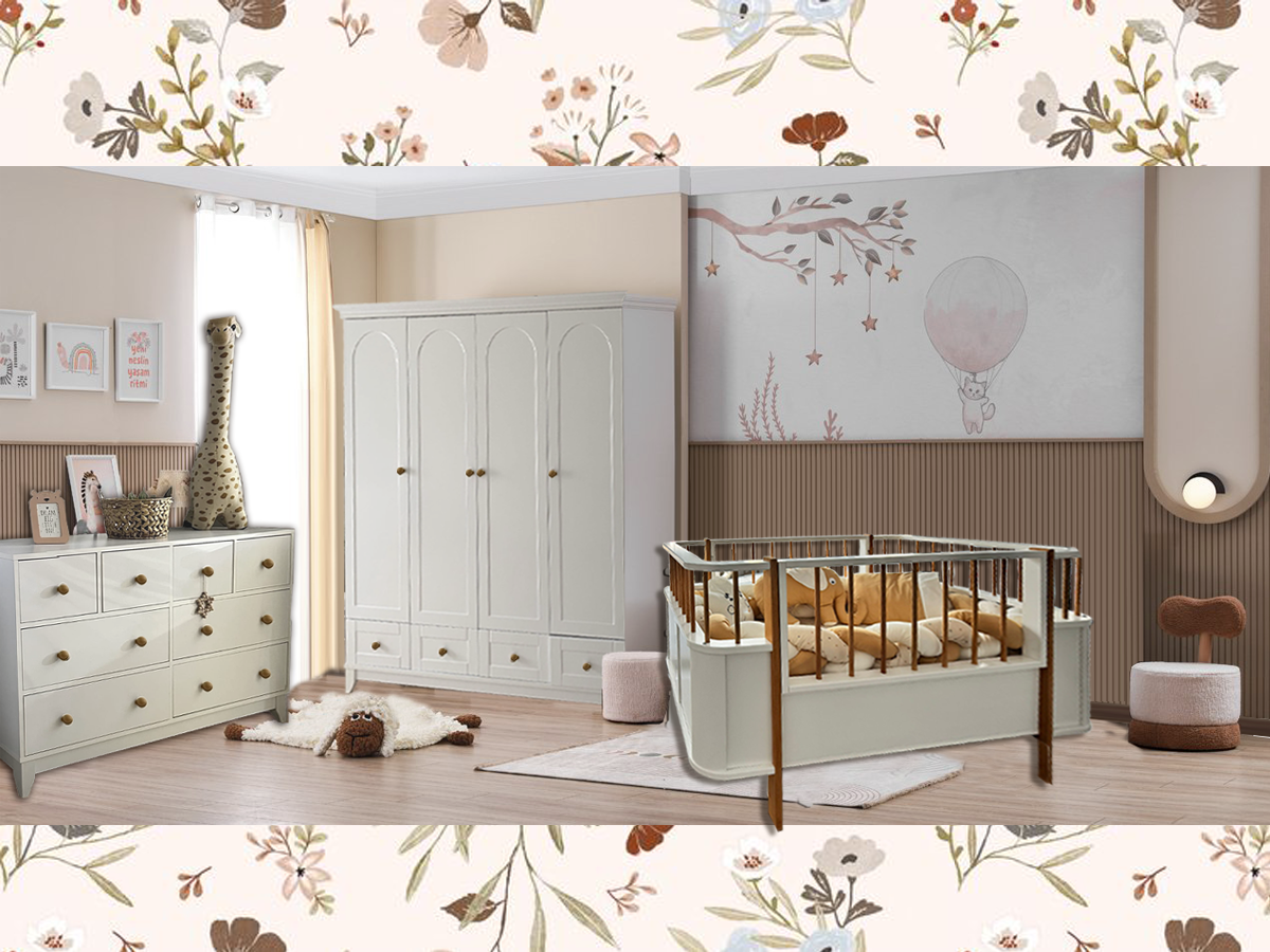%100 MDF Oslo Mega Ahşap Beyaz Bebek Odası Takımı (4 Kapılı Dolap & Bonnie Şifonyer & Büyüyen Beşik)