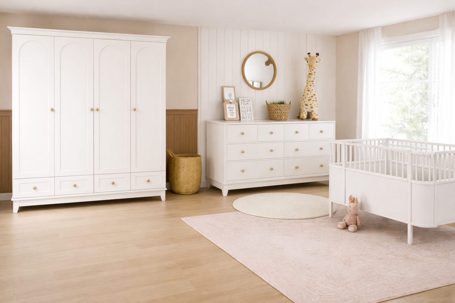 %100 MDF Oslo Mega Bebek Odası Takımı ( 4 Kapılı Dolap & Bonnie Şifonyer & Büyüyen Beşik )
