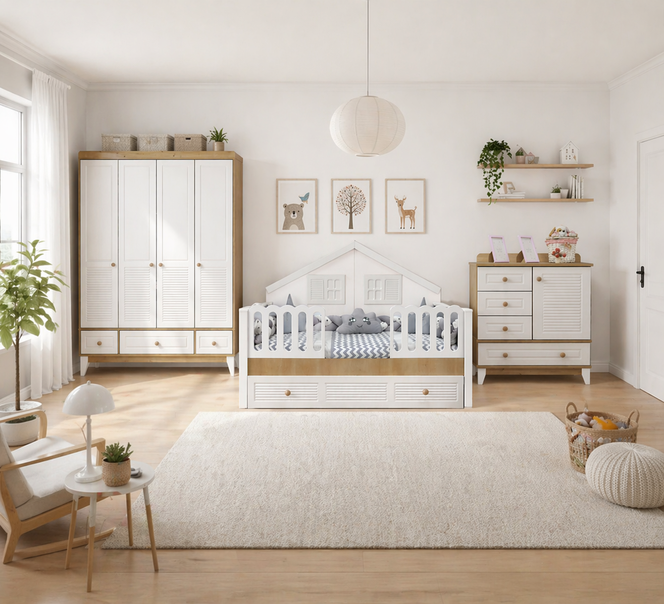 %100 MDF Panjur Ahşap Beyaz Duvar Çatılı Mega Bebek & Çocuk Odası Takımı