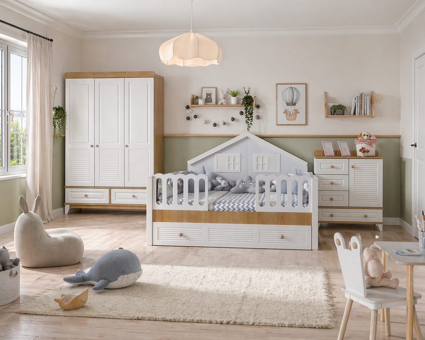%100 MDF Panjur Ahşap Beyaz Duvar Çatılı Maxi Bebek & Çocuk Odası Takımı