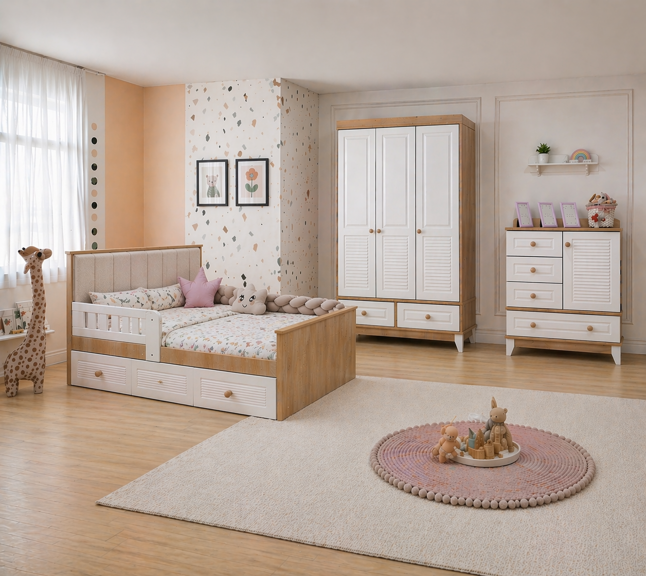 %100 MDF Panjur Ahşap Beyaz Kapitone Karyola Maxi Bebek Odası Takımı