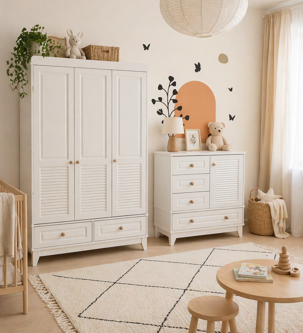%100 MDF Panjur Beyaz 3 Kapılı Dolap & Şifonyer