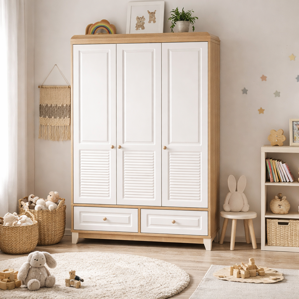 Panjur Ahşap Beyaz Full MDF 3 Kapılı Bebek & Çocuk Gardırop