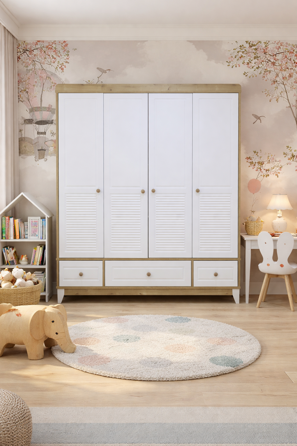 Panjur Ahşap Beyaz Full MDF 4 Kapılı Bebek & Çocuk Gardırop