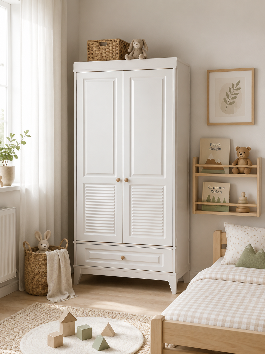 Panjur Beyaz  Full MDF 2 Kapılı Bebek & Çocuk Gardırop