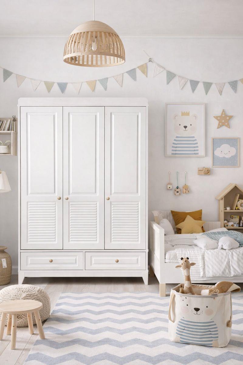Panjur Beyaz Full MDF 3 Kapılı Bebek & Çocuk Gardırop