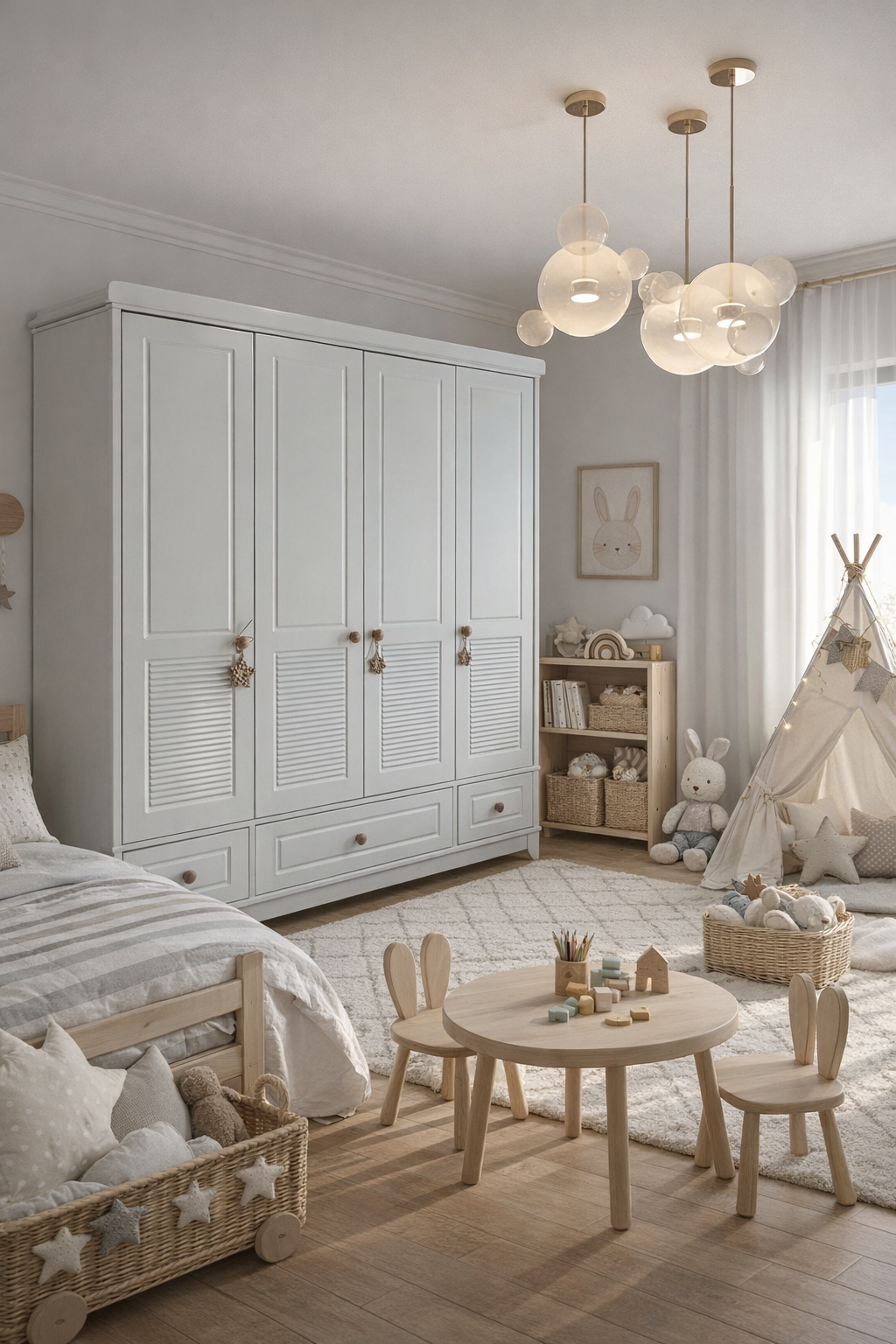 Panjur Beyaz Full MDF 4 Kapılı Bebek & Çocuk Gardırop