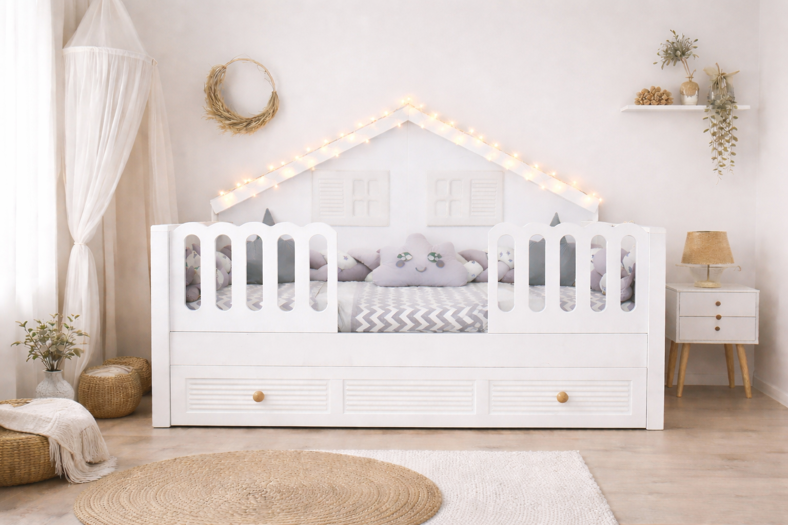 Panjur Beyaz Full MDF 90x190 Duvar Çatılı Yavrulu Karyola