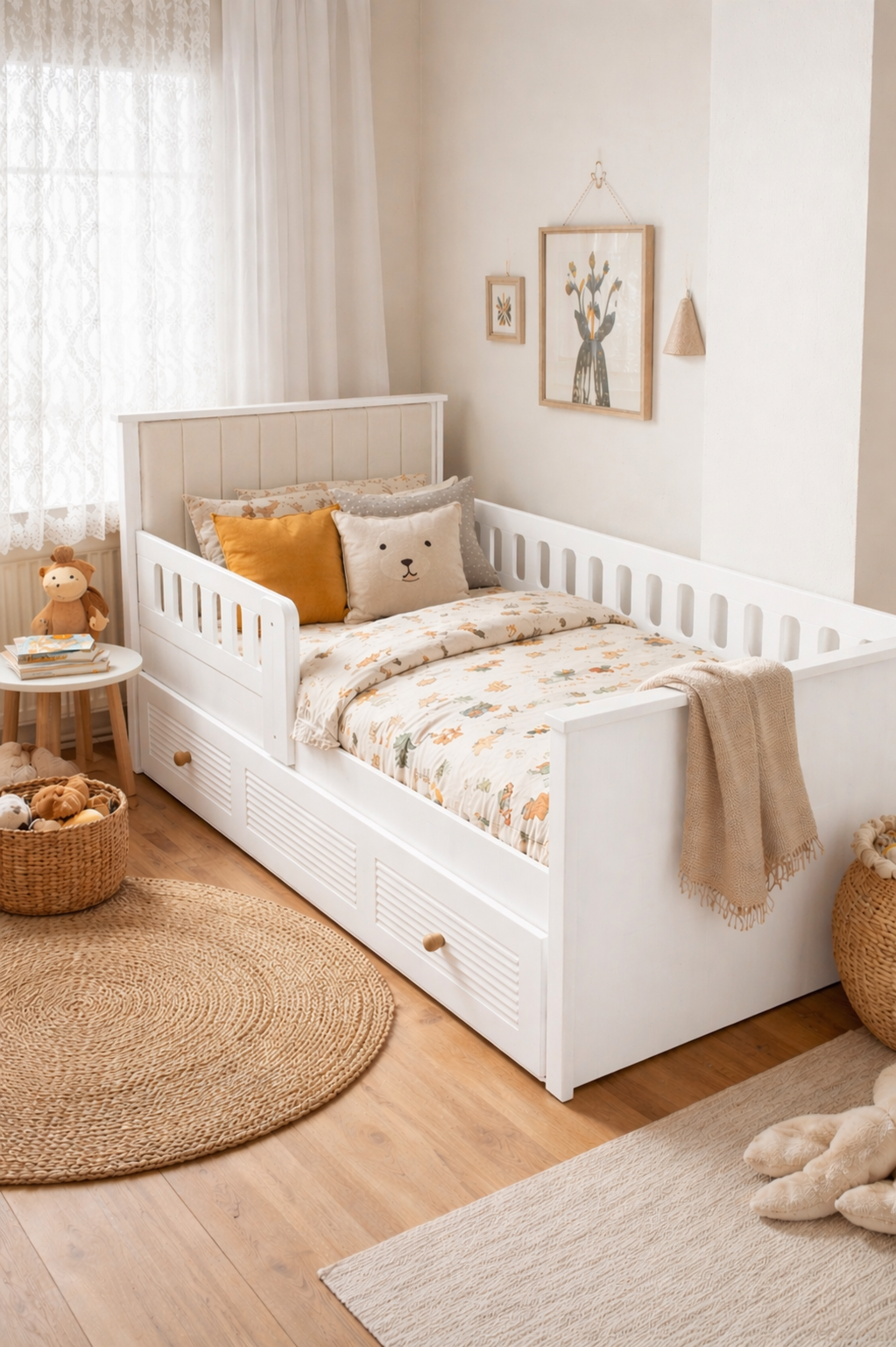 Panjur Beyaz Full MDF 90x190 Kapitoneli Yavrulu Karyola