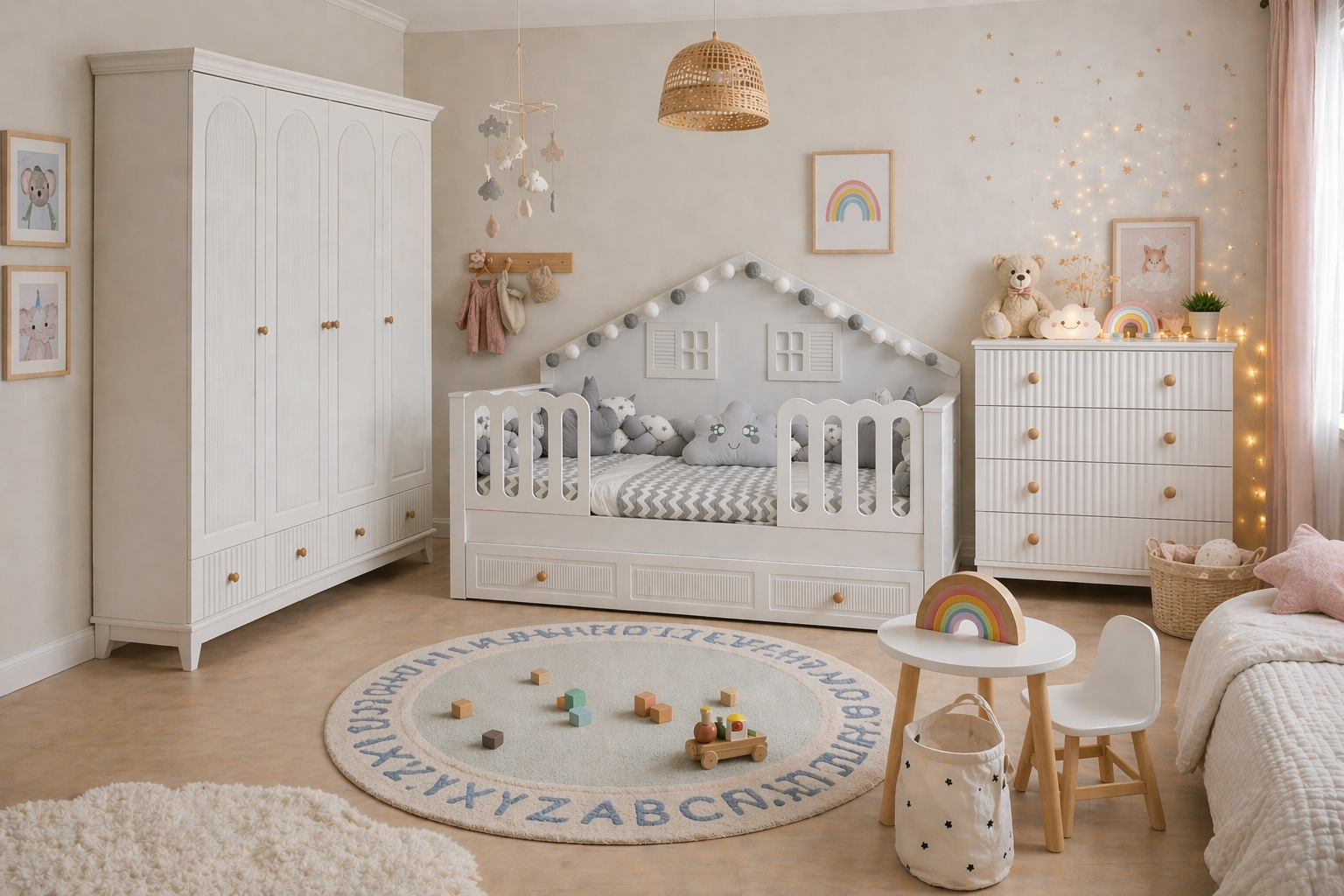  %100 MDF Bohem Duvar Çatılı Mega Bebek & Çocuk Odası Takımı