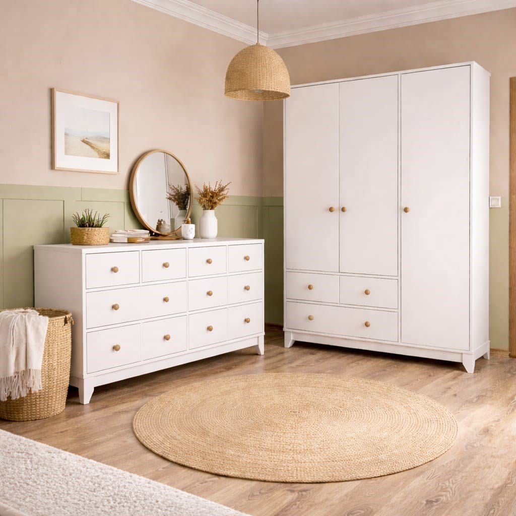  %100 MDF Bonnie 3 Kapılı Dolap & 8 Çekmeceli Şifonyer