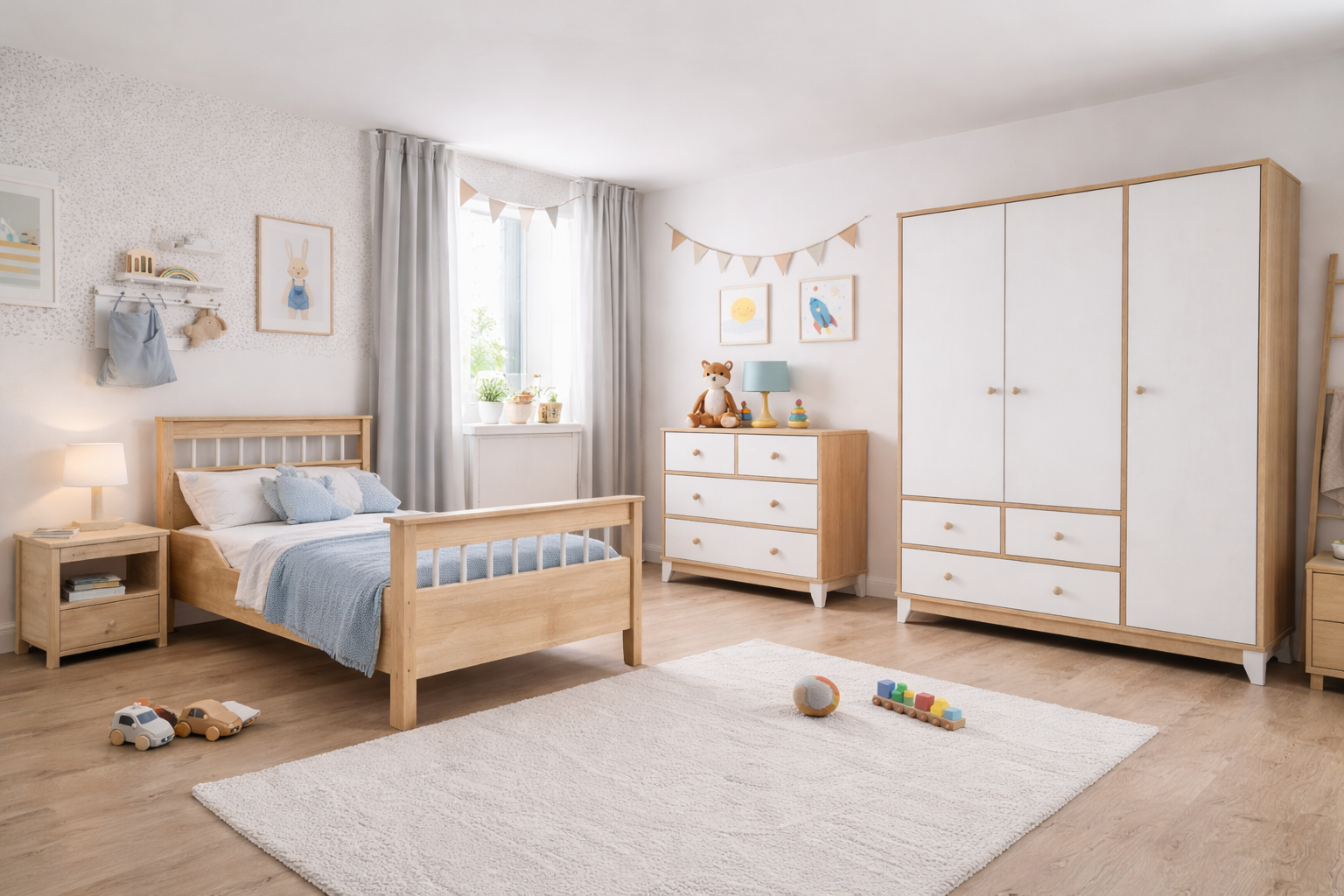  %100 MDF Bonnie Ahşap Beyaz Bebek&Çocuk Odası ( 3 Kapılı Dolap & 4 Çekmeceli Şifonyer & 90x190 Yavrusuz Karyola)
