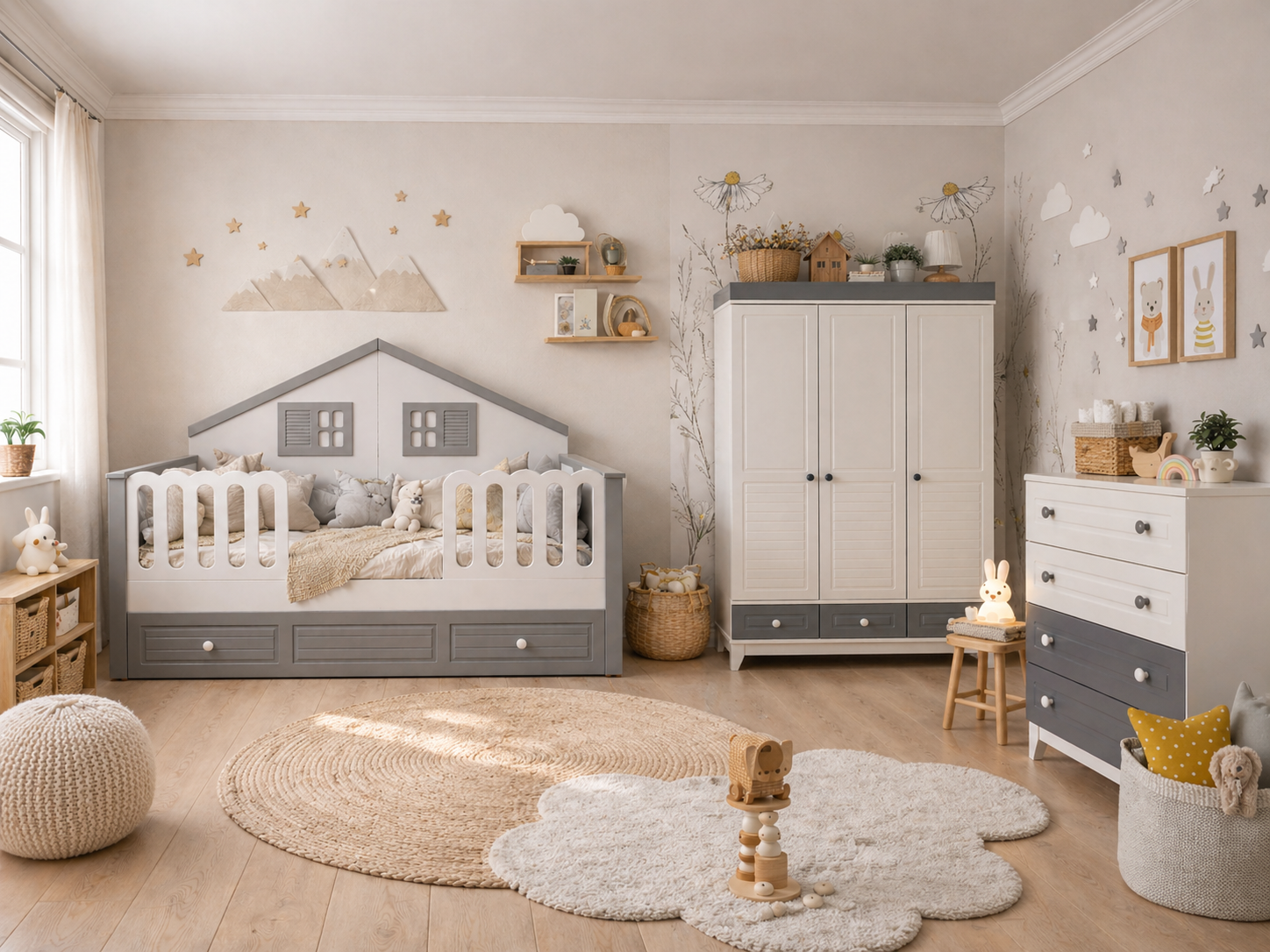  %100 MDF Stella Gri Maxi Duvar Çatılı Bebek Odası Takımı