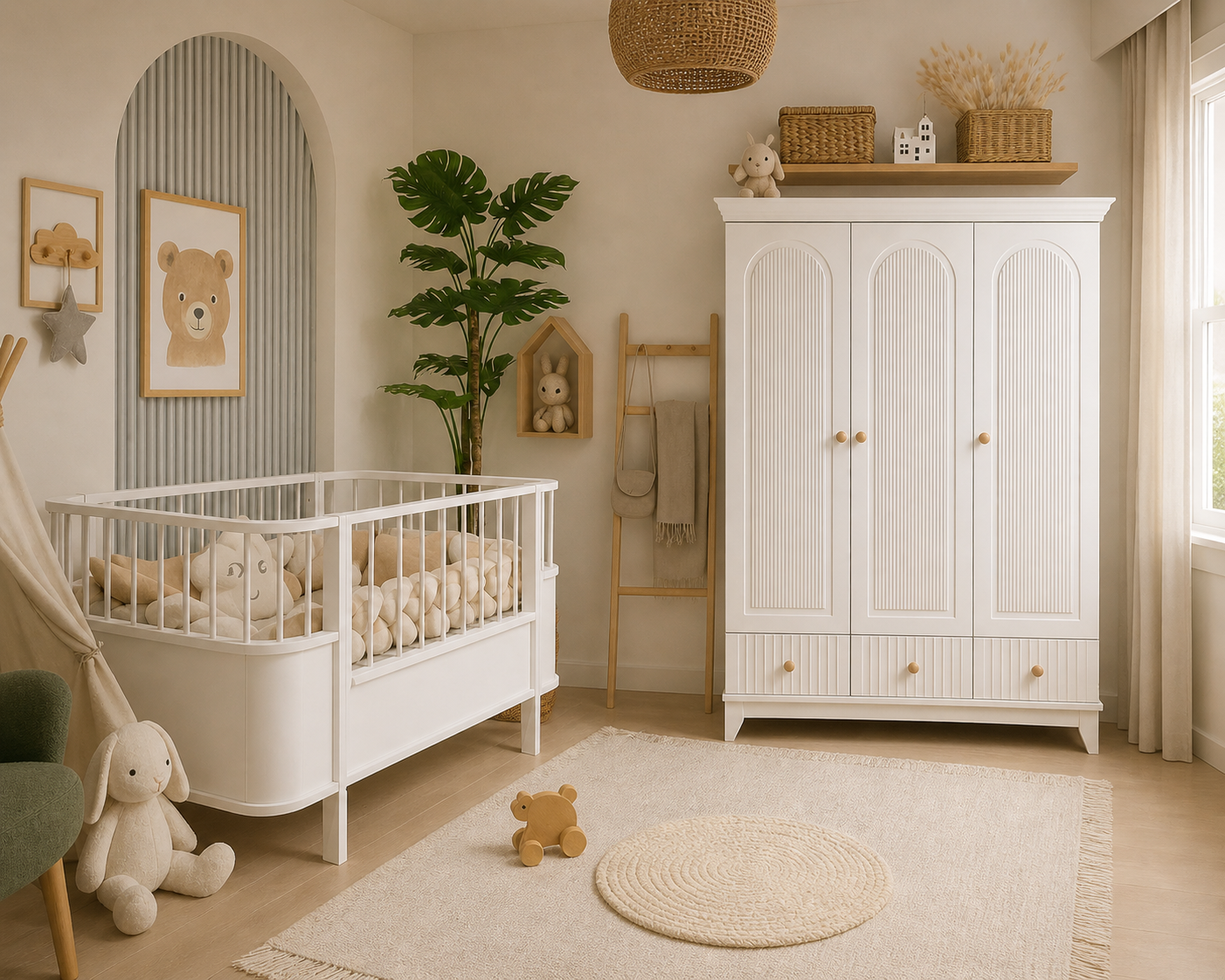%100 MDF Bohem 3 Kapılı Gardırop & %100 MDF Bohem 80x130 ( 80x180) Sabit Büyüyen Beşik