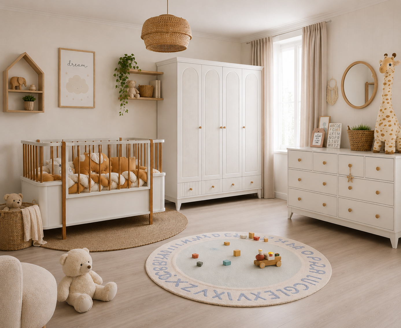 %100 MDF Bohem Ahşap Beyaz Bebek Odası Takımı 4 Kapılı Dolap & Bonnie Şifonyer & 80x130 Büyüyen Beşik
