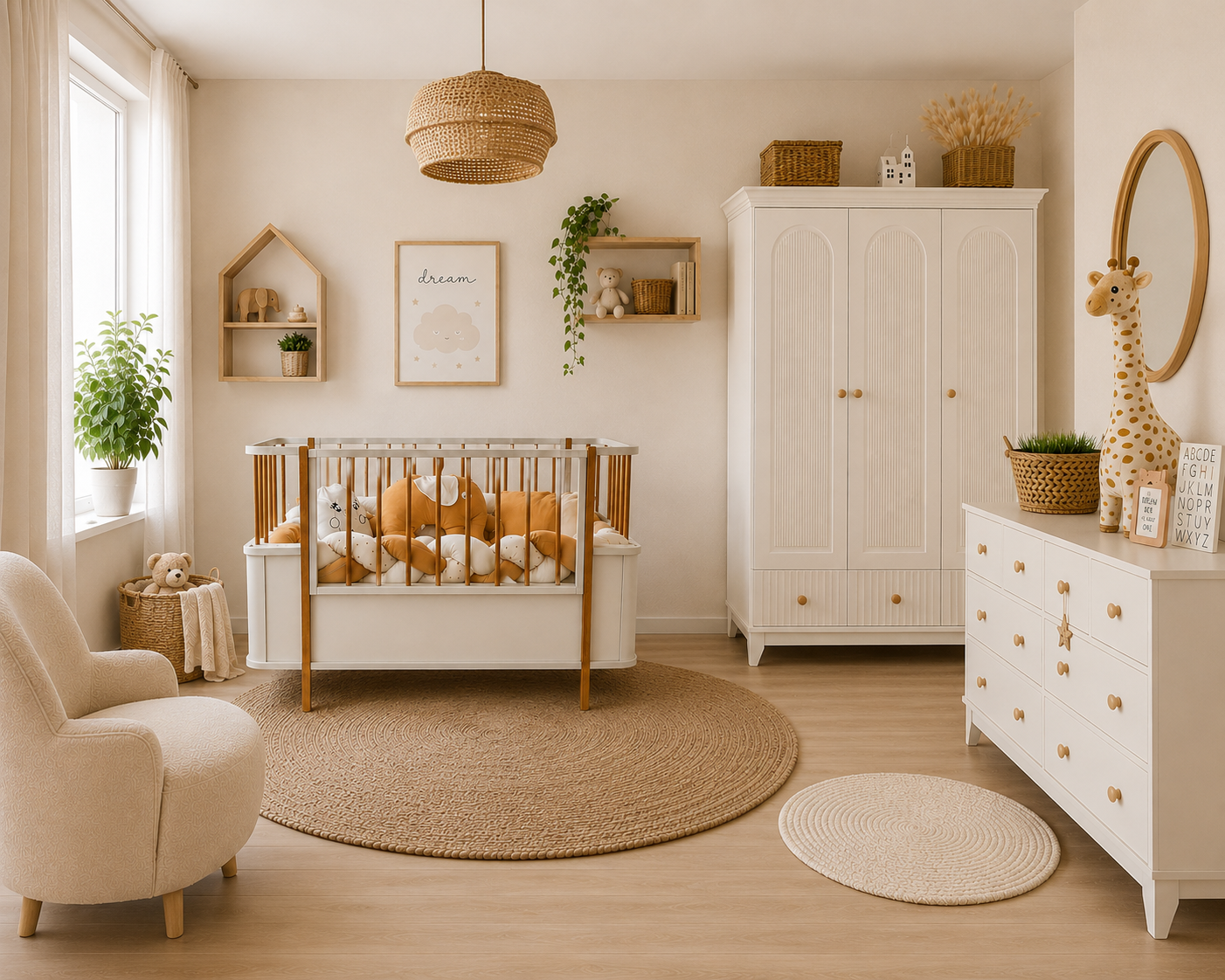 %100 MDF Bohem Maxi Ahşap Beyaz Bebek Odası Takımı 3 Kapılı Dolap & Bonnie Şifonyer & Büyüyen Beşik