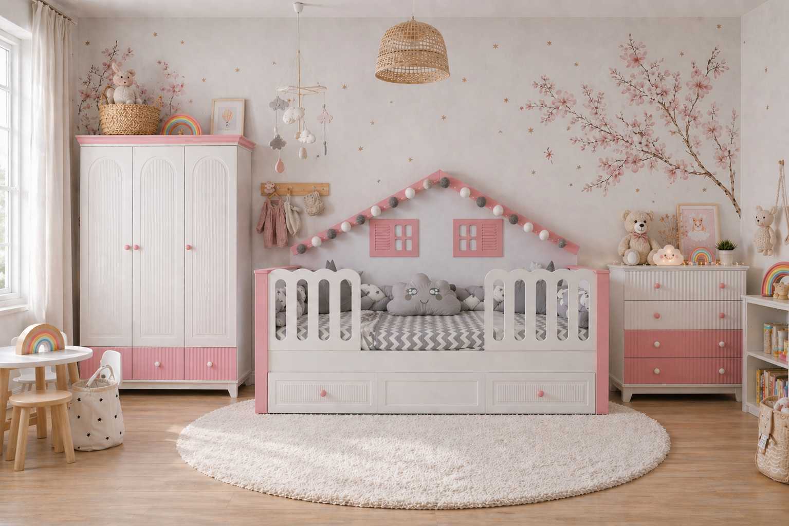 %100 MDF Bohem Maxi Bebek & Çocuk Odası Takımı 3 Kapılı Dolap&90x190 Duvar Çatılı Karyola&Şifonyer