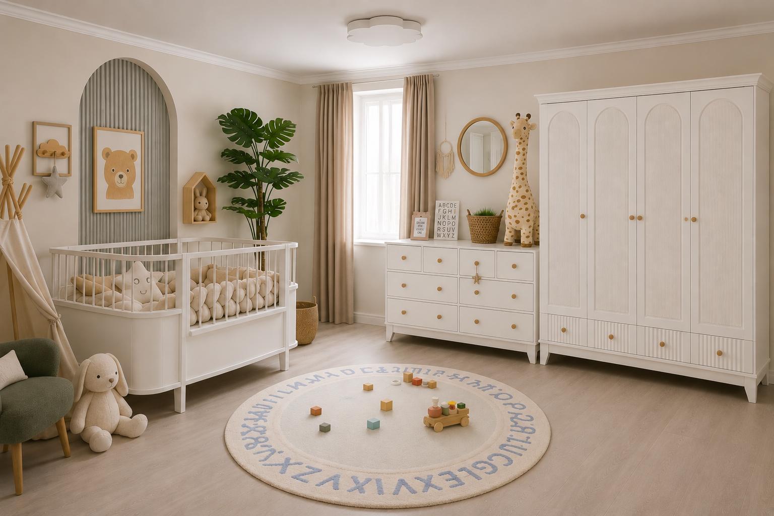 %100 MDF Bohem Mega Büyüyen Bebek Odası Takımı4 Kapılı Dolap & Bonnie Şifonyer & Büyüyen Beşik