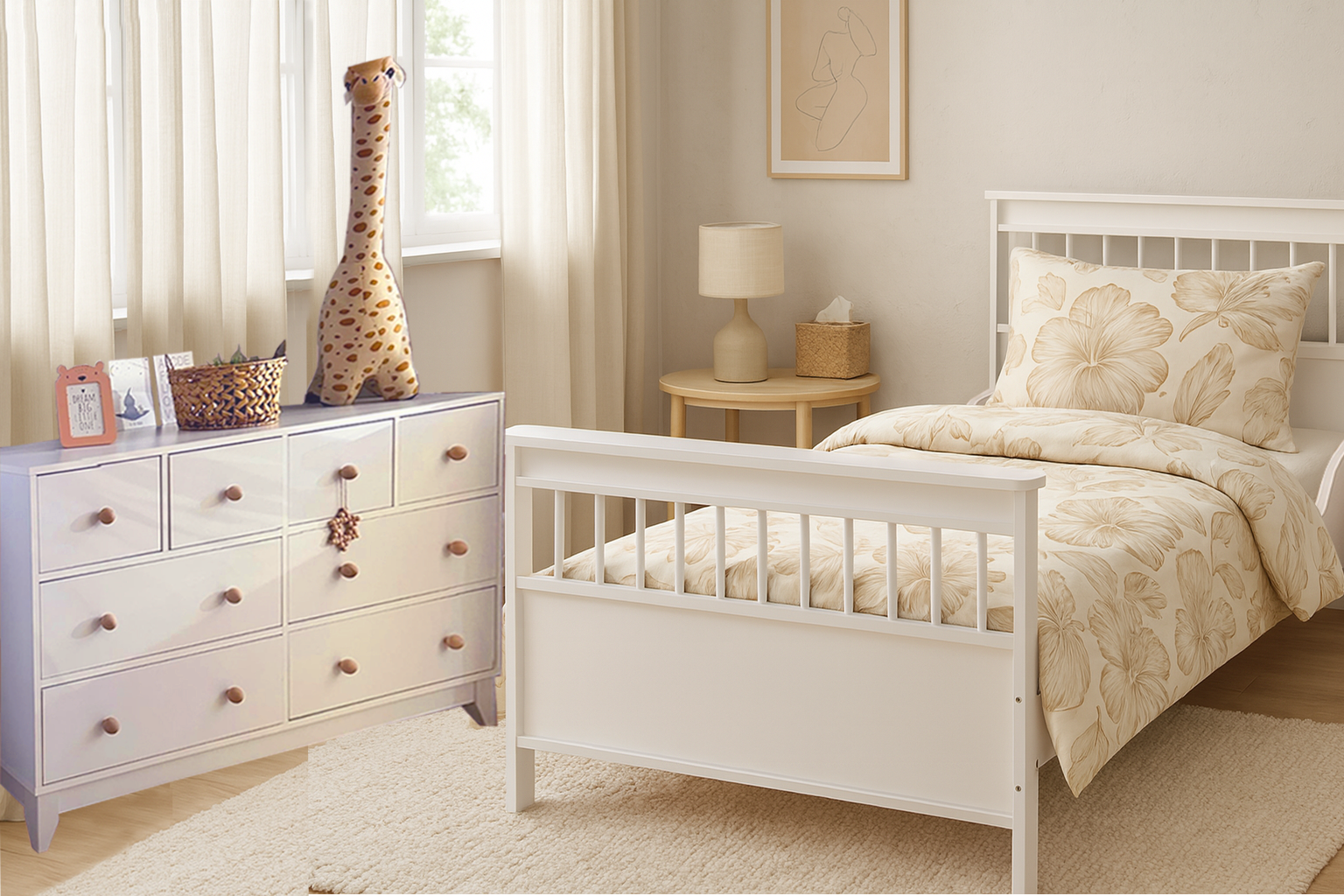 %100 MDF Bonnie 8 Çekmeceli Bebek&Çocuk Şifonyer & %100 MDF Bonnie 90x190 Yavrusuz Montessori Karyola