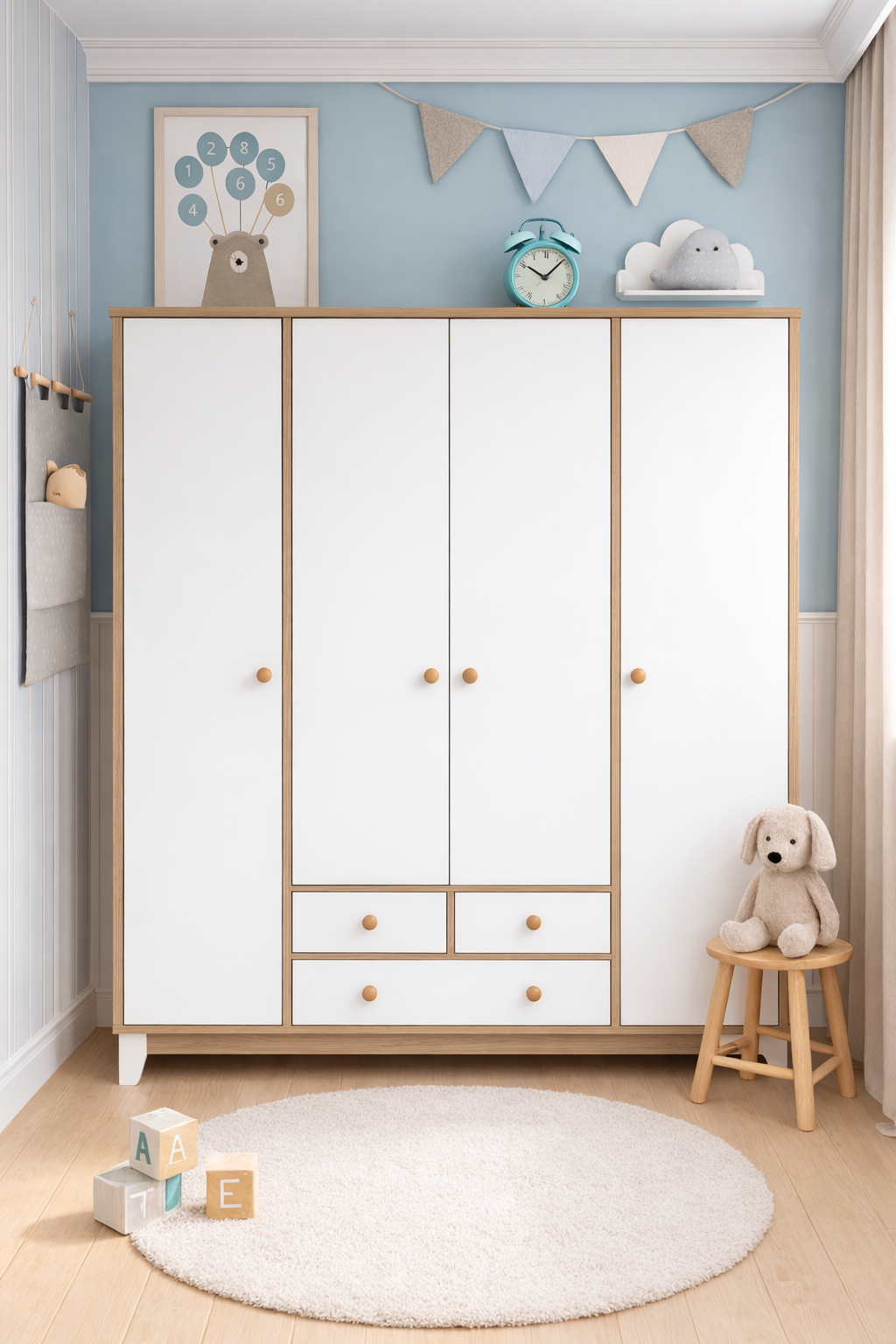 %100 MDF Bonnie Ahşap Beyaz 4 Kapılı Bebek & Çocuk Gardırop