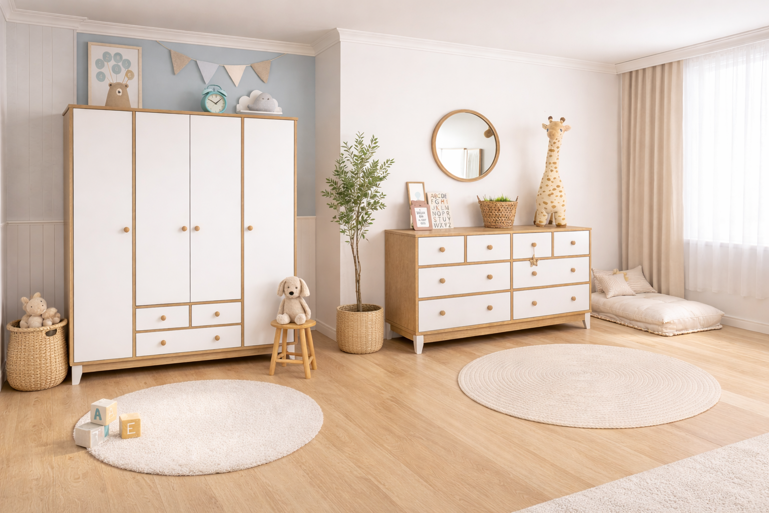 %100 MDF Bonnie Ahşap Beyaz 4 Kapılı Gardırop & Bonnie Ahşap Beyaz 8 Çekmeceli Şifonyer
