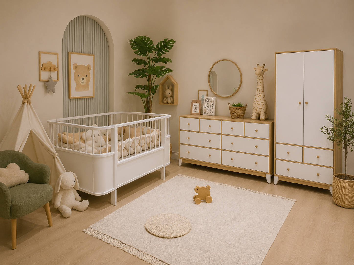 %100 MDF Bonnie Ahşap Beyaz Mini (Large) Bebek Odası (2 Kapılı Dolap& 8 Çekmece Şifonyer & 80x130 Büyüyen Beşik)